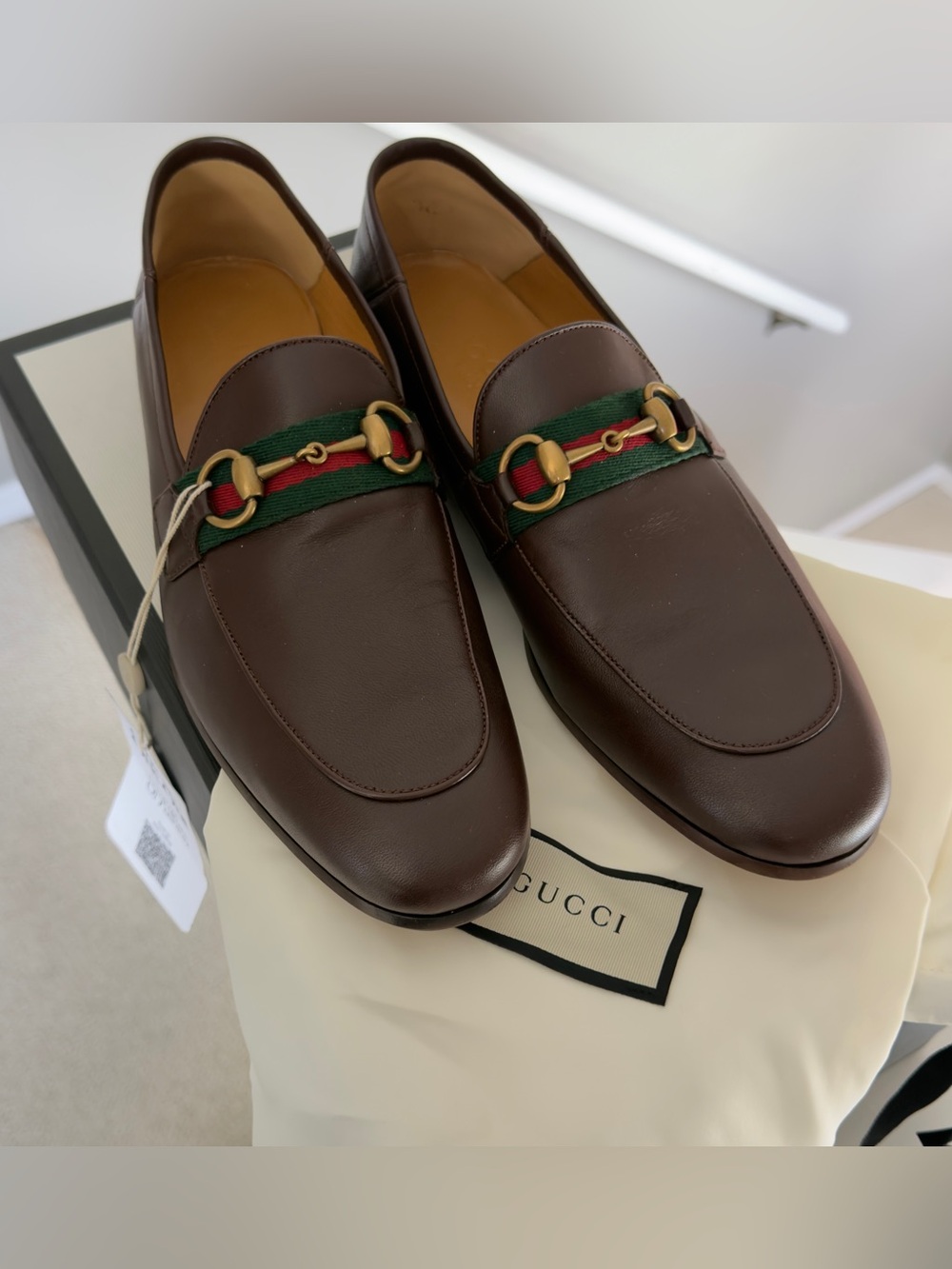 Gucci Brixton Brown Leather Loafers with Green-Red Web and Gold Horsebit